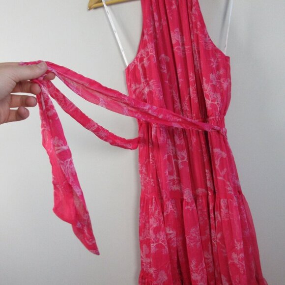 Lulus Halter Tiered Midi Dress S Hot Pink Floral Float to You Boho Cocktail 364 - Picture 7 of 14